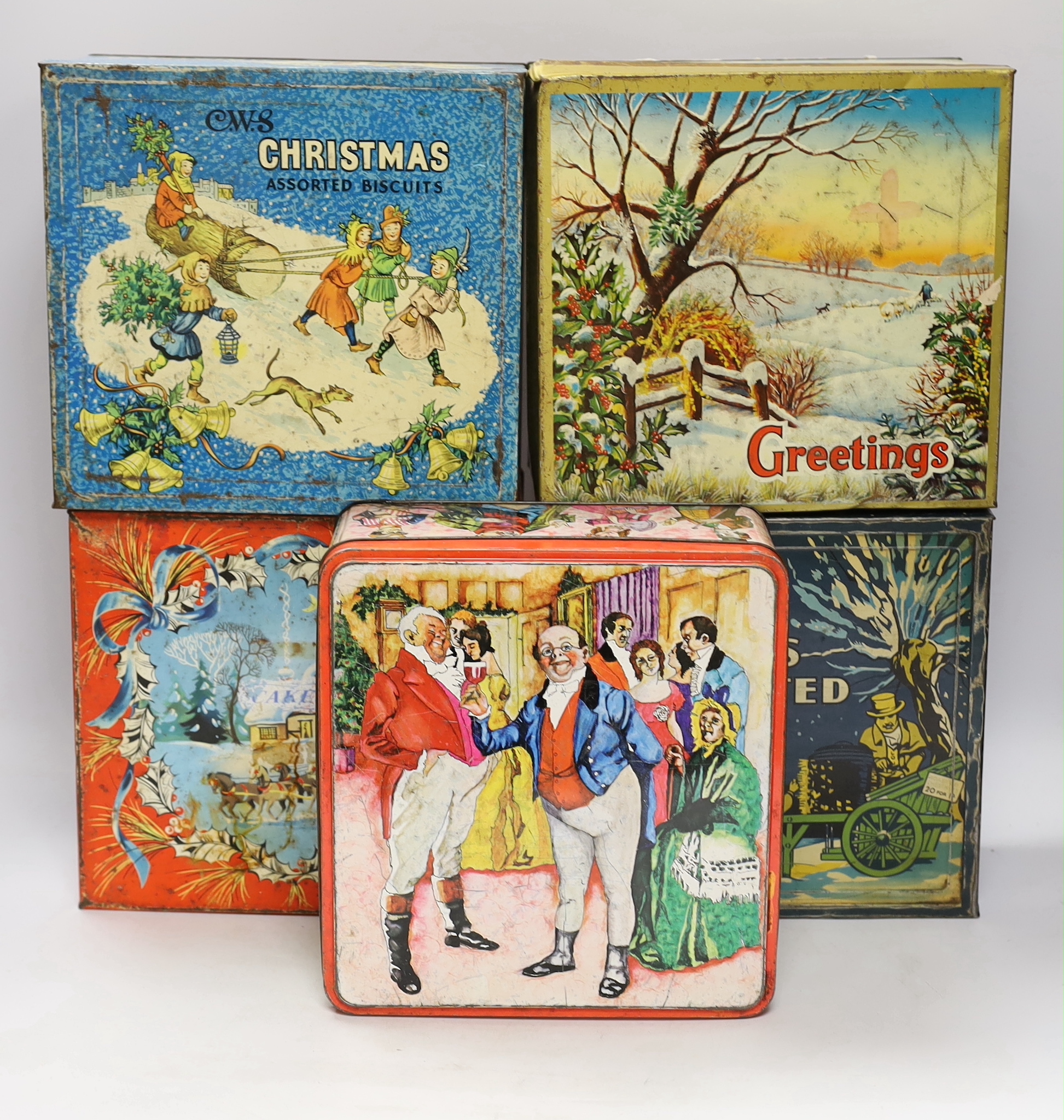 A group of vintage Christmas biscuit tins, including Elke, Huntley and Palmer and Cooperative Wholesale Society (5)